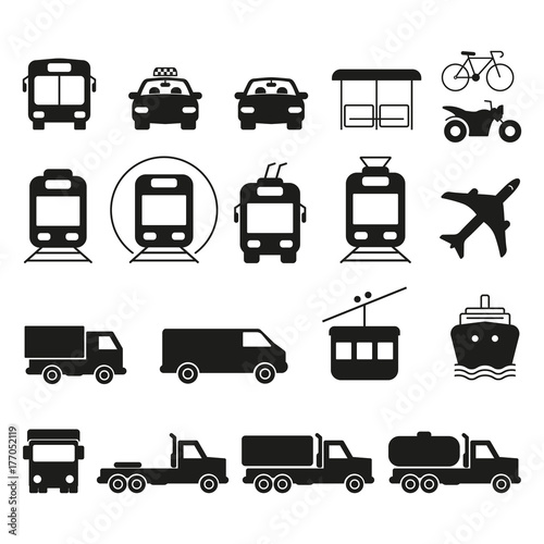 Public and commercial transport simple icons silhouette set