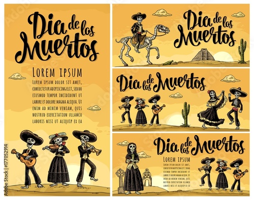 Skeleton Mexican costumes dance and play the guitar, violin, trumpet.