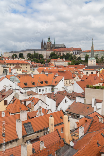 View of old buildings from above and Prague (Hradcany) Castle at the Mala Strana District (Lesser Town) in Prague, Czech Republic.