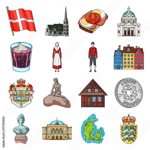 Symbol, Denmark, buildings and other web icon in cartoon style.Design, history, tourism icons in set collection.