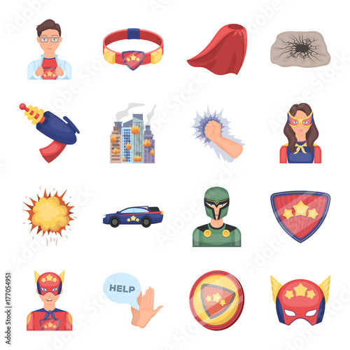 Suit, sign, superman, and other web icon in cartoon style. Lifeguard, protector, superpower icons in set collection.