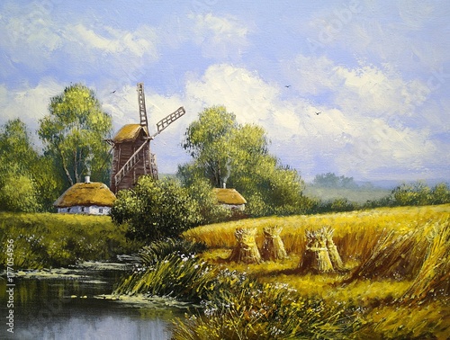 Windmill, village landscape...