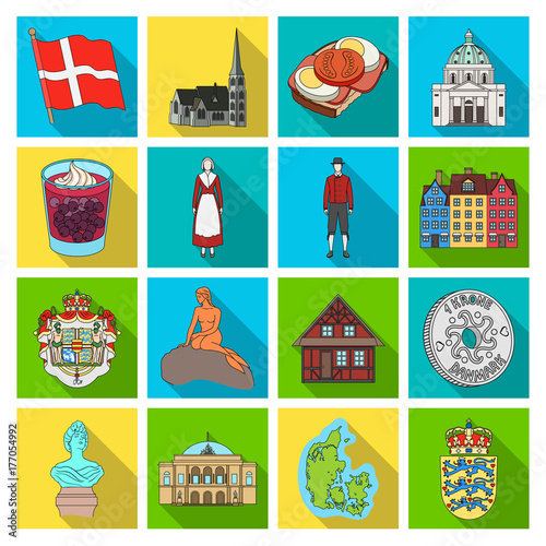 Symbol, Denmark, buildings and other web icon in flat style.Design, history, tourism icons in set collection.