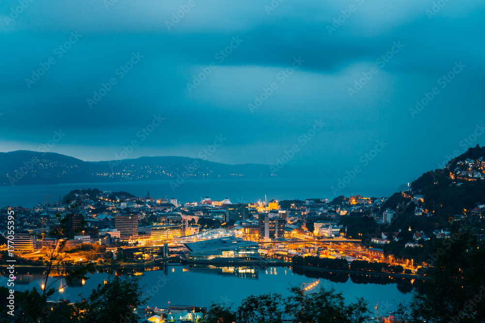 Bergen, Norway. Panoramic View Cityscape Of Bergen And Harbor Fr