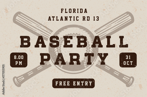 Vintage baseball party poster, template, banner in retro style. Graphic Art. Vector Illustration.