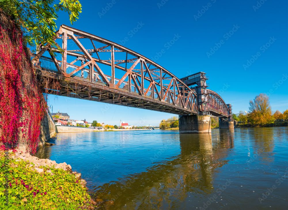 Naklejka premium Old walking bridge in Magdeburg at Autumn