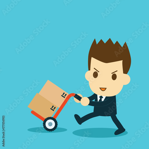 Businessman moving transport boxes with cart. Business  shipping.
