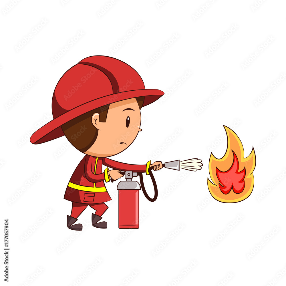 Fototapeta premium Child firefighter fire extinguisher