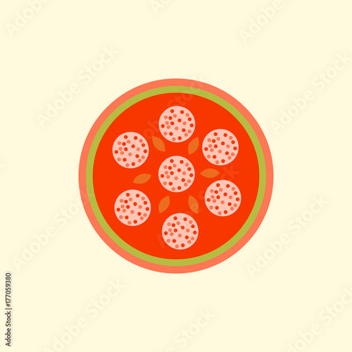 Pizza with salami.Vector illustration. simple pizza icon top view