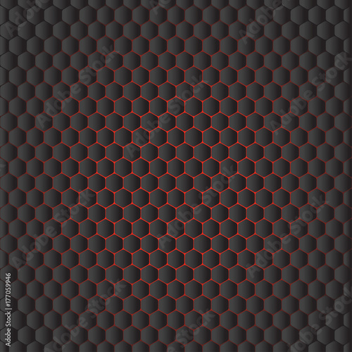 Abstract hexagon dark gray background with red illumination.