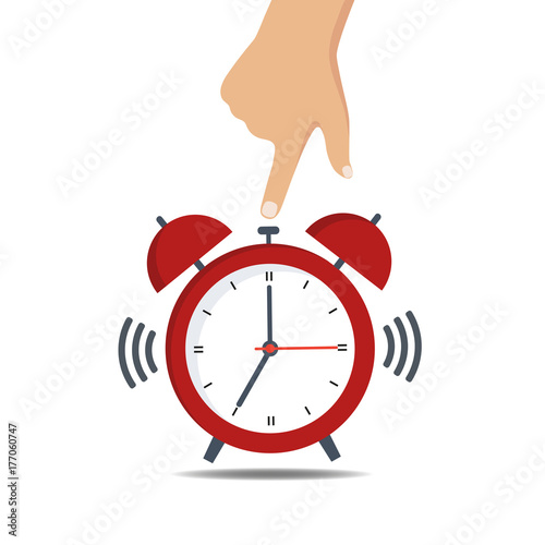 Hand turns off red alarm clock. Time to wake up concept. Vector illustration.