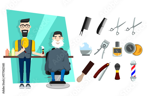 the hairdresser handyman works over the client sitting in an armchair, the master of the business, the best tselyolnik, the flat image