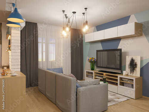 3d illustration living room interior design. Modern studio apartment in the Scandinavian minimalist style
