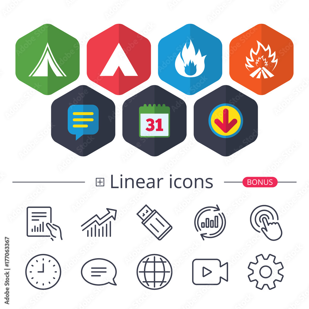 Tourist camping tent signs. Fire flame icons.