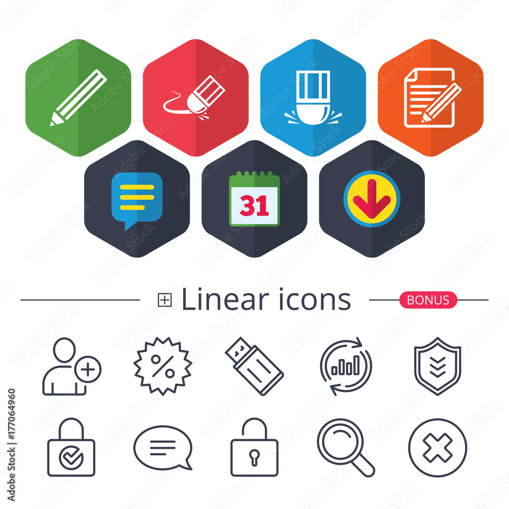 Pencil icon. Edit document file. Eraser sign. Pencil icon. Edit document file. Eraser sign.