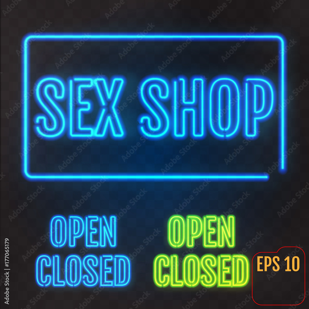 Sex Shop, Open, Closed - Neon Sign. Adults store banner. Vector illustration Sex Shop, Open, Closed - Neon Sign. Adults store banner. Vector illustration