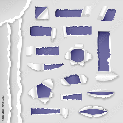 Vector paper lacerated ragged torn edges hole and holes realistic paper-based 3d style vector illustration collection