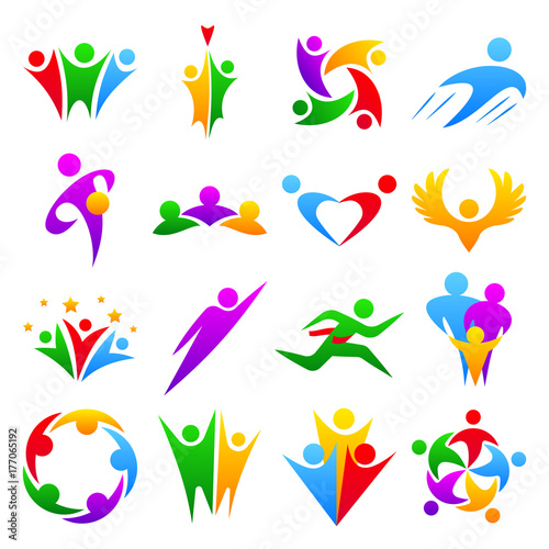 Abstract people teams group body silhouette shapes icons logo human concept design graphic characters set vector illustration