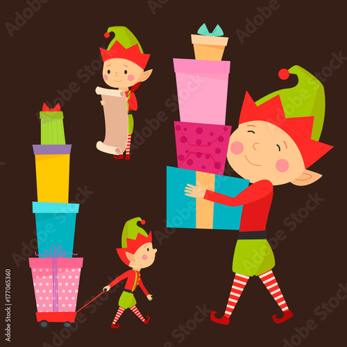 Santa Claus kids cartoon elf helpers vector illustration children characters traditional costume