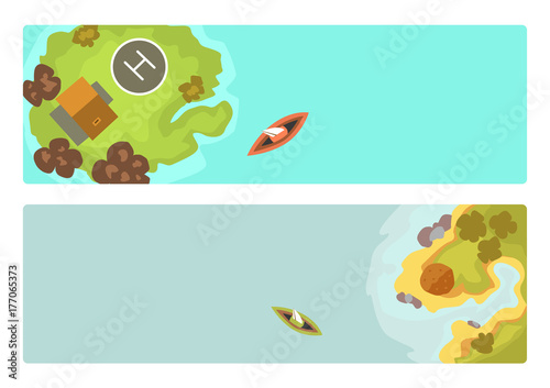 Cartoon tropical brochure exotic island in ocean top view exotic lagoon map caribbean aerial sprite seascape tourism paradise coast vector illustration.