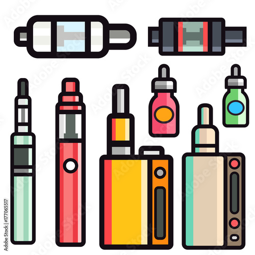 Vape device vector set cigarette vaporizer vapor juice bottle flavor illustration battery coil.