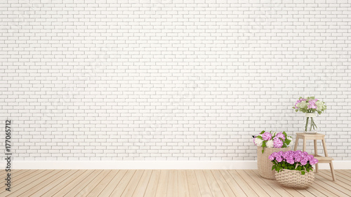 Brick wall decoration and flower in empty room.Interior Design - 3D Rendering