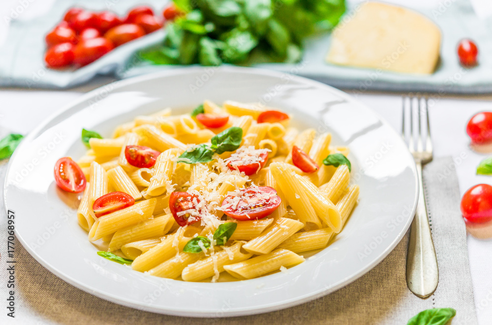 Colorful penne rigate pasta dish with cherry tomatoes and basil leaves and cheese Colorful penne rigate pasta dish with cherry tomatoes and basil leaves and cheese