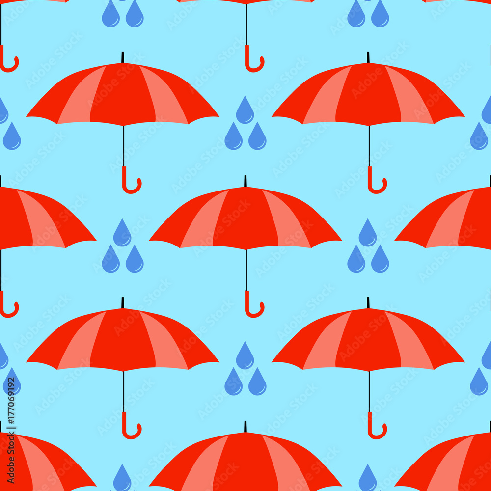 Red umbrellas seamless pattern isolated on blue background. Cute cartoon rain. Flat design Vector Illustration EPS Red umbrellas seamless pattern isolated on blue background. Cute cartoon rain. Flat design Vector Illustration EPS