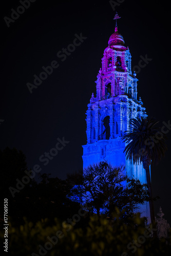 The California tower in Balboa park at night