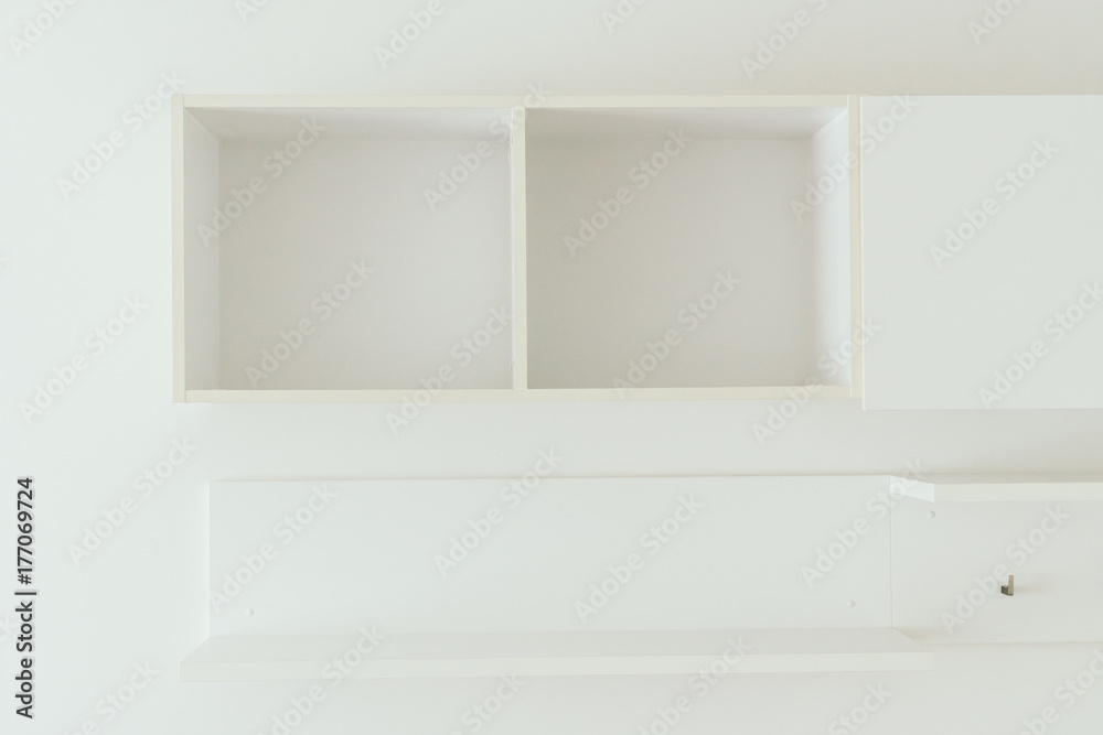 Empty White wooden shelves Empty White wooden shelves
