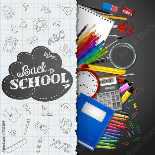 School background with school supplies and paper on black background