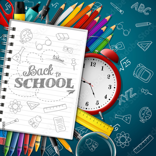 School background with school supplies and paper on blue background