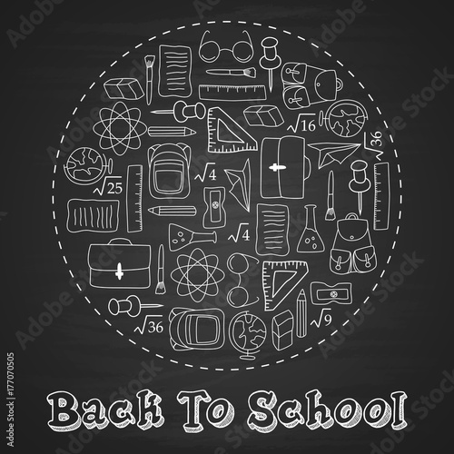 Back to school lettering in doodle circle on blue chalkboard background