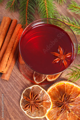 Mulled wine for christmas or winter evening and spruce branches