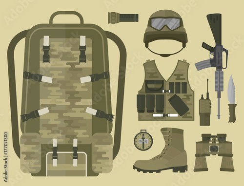 Military weapon guns armor forces american fighter ammunition camouflage sign vector illustration.