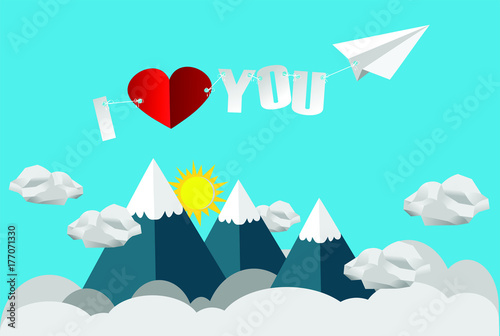Paper plane fly over the mountain with word i love you
