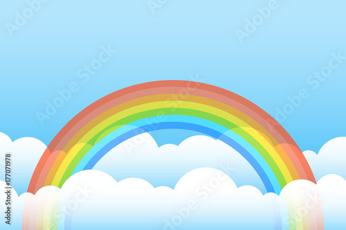 Happy Spring Season Background with rainbow and clearly blue sky. sale banner. season off. discount poster. layout advertising. flyer promotion. backdrop template. Vector Illustration.