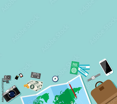 Travel preparation with copy space, trip vacation, tourism element, touristic map, Camera, Dollar banknotes and coins, Journey planning, Flat vector design concept cartoon illustration.