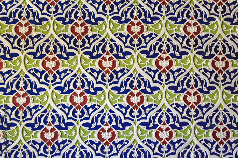 Geometric decoration of Islamic architecture. Traditional uzbek ornament on the wall of mosque