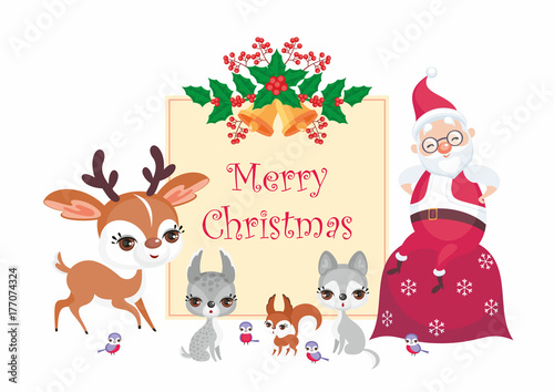 Christmas greeting card with the image of Santa Claus and woodland animals. Vector background.