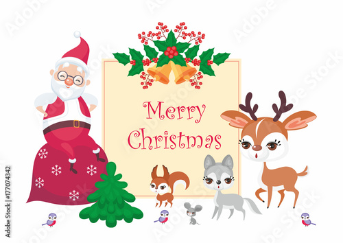 Christmas greeting card with the image of Santa Claus and woodland animals. Vector background. © olga_a_belova