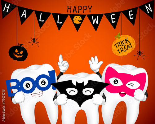 Tooth character with mask of boo, bat and cat. in moon night on Halloween. Funny illustration for banner, poster, greeting card and invitation. Happy Halloween day concept.