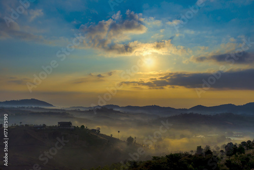 Beautiful mountain misty morning sunrise at Khao Kho district, Phetchabun province, Thailand