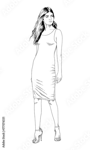 young slim girl drawn in ink by hand in full growth on a white background