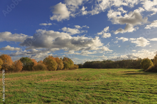 Colorful autumn landscape with a field. Evening. The sky with heavy white clouds. Picture, Wallpapers, calendar.