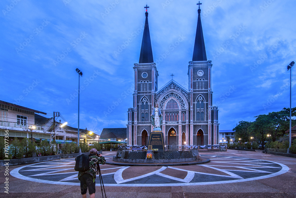 Fototapeta premium The Roman Catholic Church at Chanthaburi Province, Thailand / With tourists taking pictures