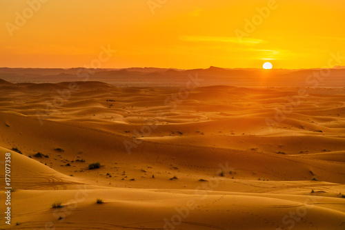 Erg Chebbi Sand dunes near Merzouga on sunset. Morocco