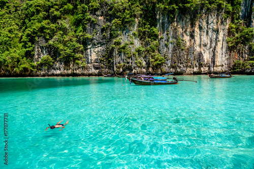 Tourist enjoy beautiful crystal clear water at Pileh bay at Phi Phi island near Phuket  Thailand