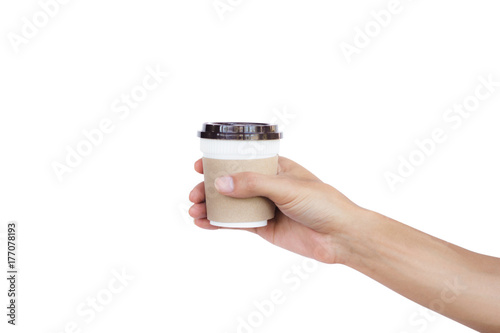 Hand holding hot coffee isolated on white background. Clipping path. Coffee is a brewed beverage prepared from roasted seeds coffee beans. Hot coffee is a popular drink in the morning. Feeling fresh.