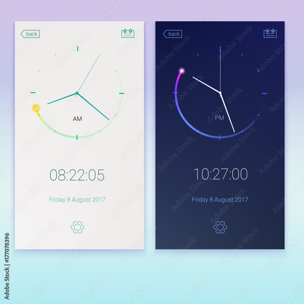 Clock application, concept of contrast UI design, day and night variants. Digital countdown app, user interface kit, mobile clock interface. UI elements, 3D illustration - obrazy, fototapety, plakaty 